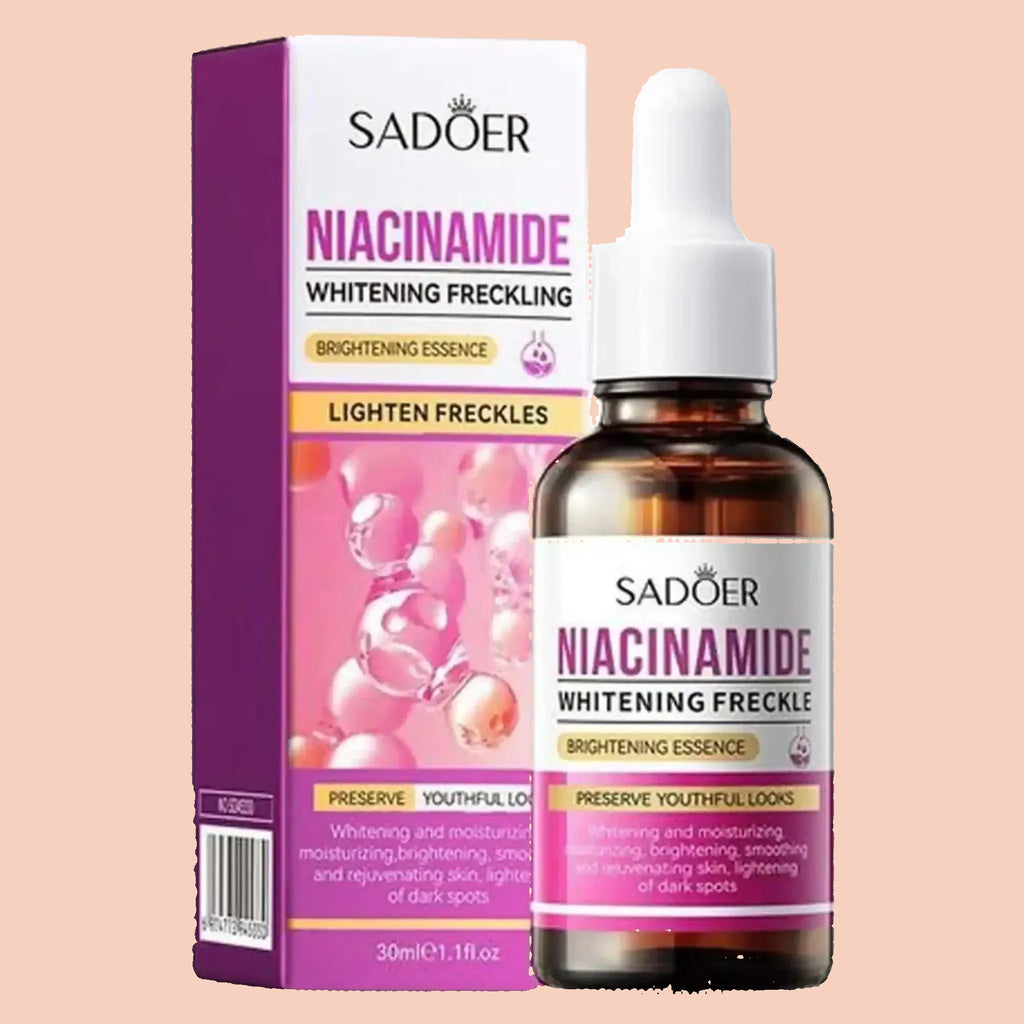 Sadoer Niacinamide Whitening Freckle essence bottle and packaging on a white background