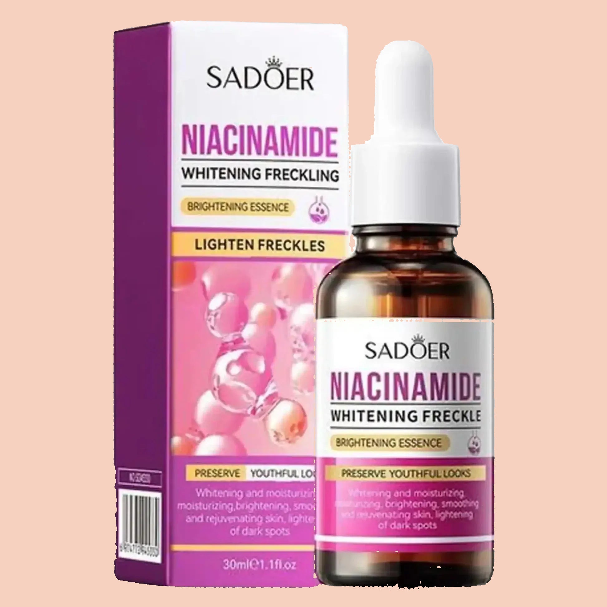 Sadoer Niacinamide Whitening Freckle essence bottle and packaging on a white background